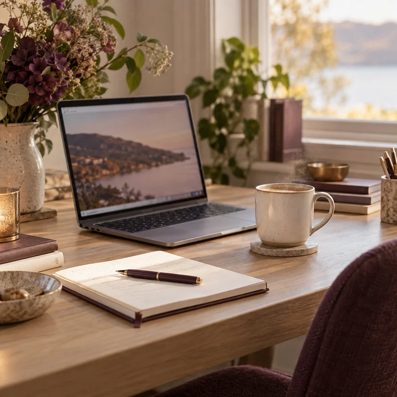 Laptop, notebook and coffee in a sunlit workspace