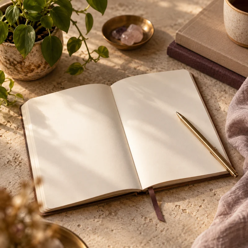 Open notebook and plant on a workshop table