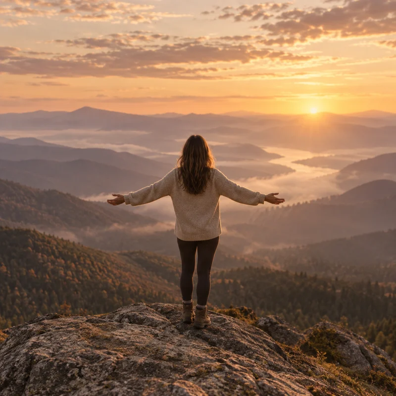 Person welcoming the sunrise over mountains