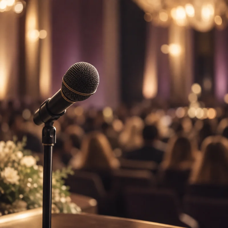 Microphone in front of a softly lit audience